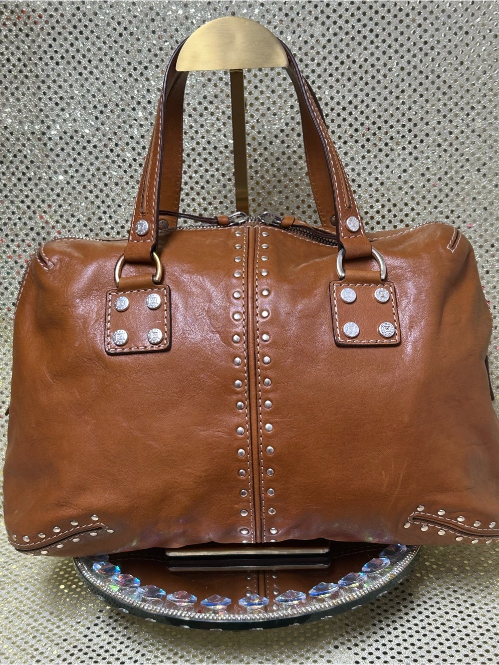 Michael Kors Brown Leather Studded Satchel Handbag